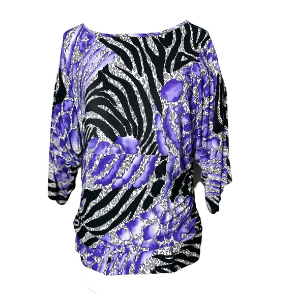 Peter Nygard | Purple Black Animal Print Stretchy Shirred Top, Large Petite - Picture 1 of 9